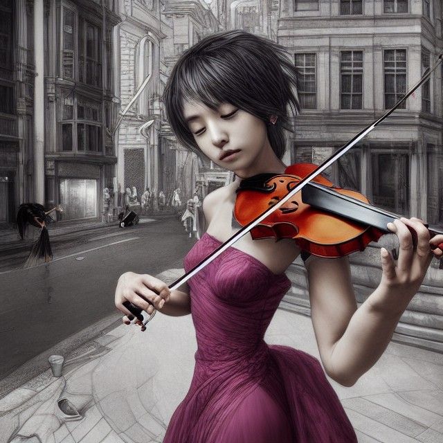 Anime Woman Violinist in Crowded Street Illustration