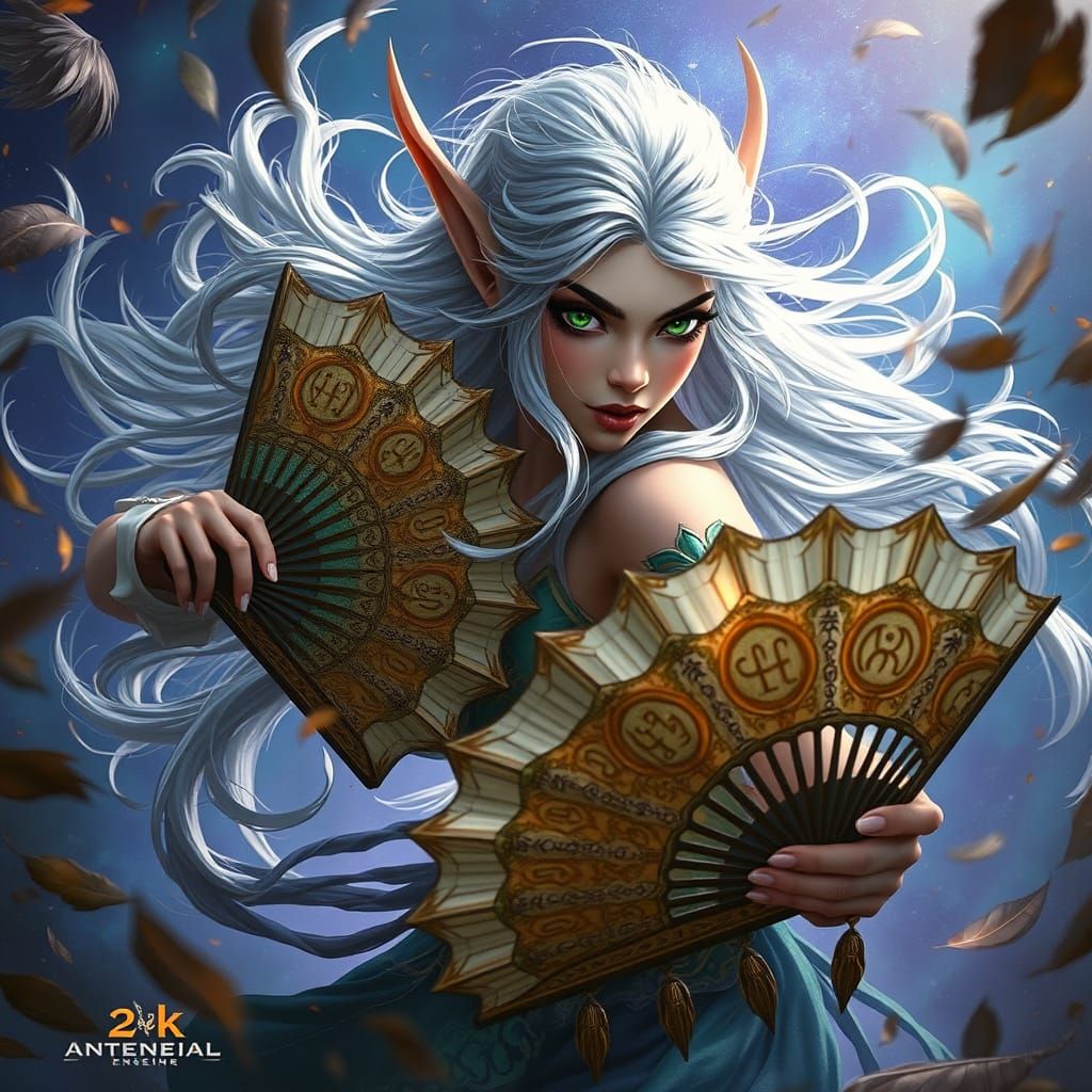 Elegant Elf Warrior with Fierce Fans in a Whirlwind of Color