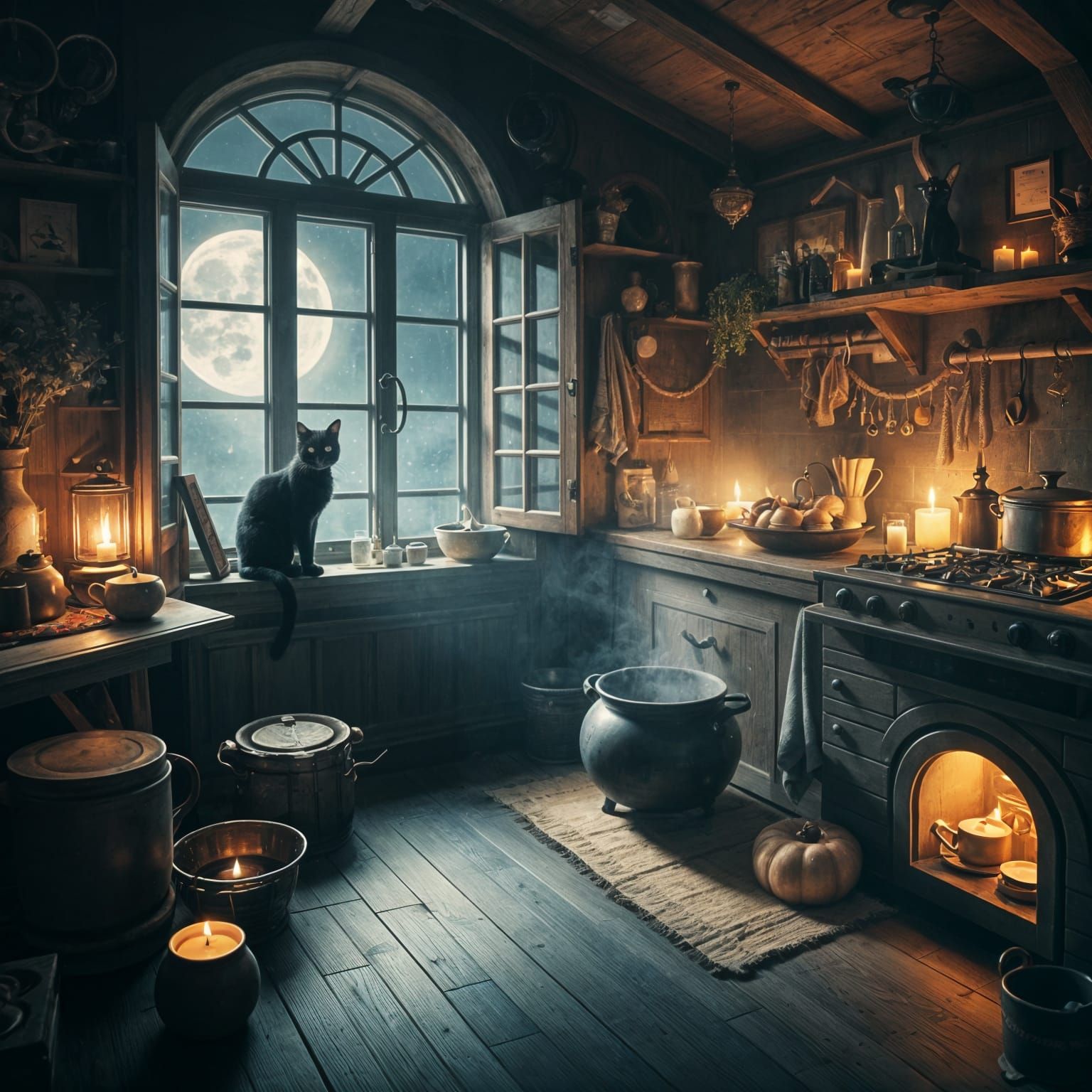 Magical Cozy Kitchen with Cauldron and Black Cat