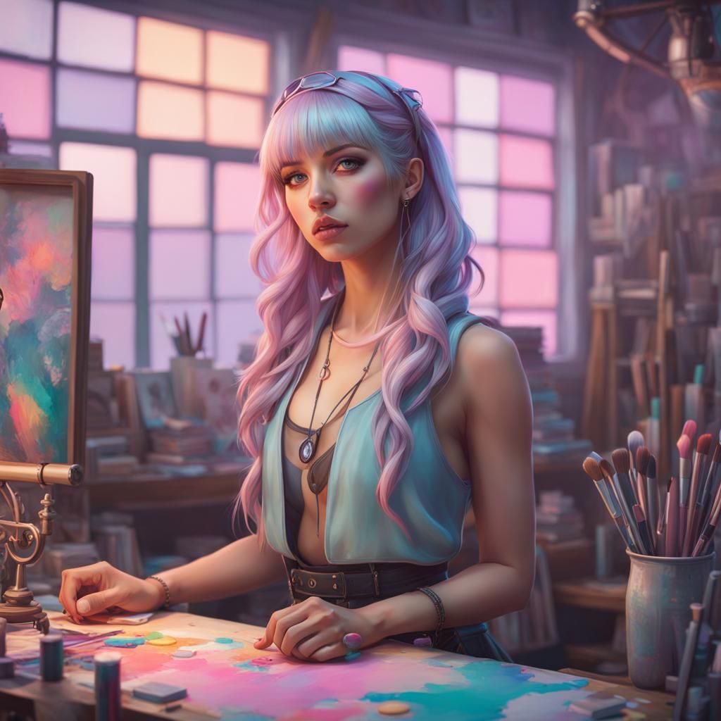 Pastel Goth Artist in Studio: Hyperrealistic Portrait