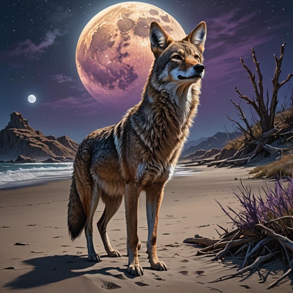 Coyote Howling at Moon on Barbary Coast Beach