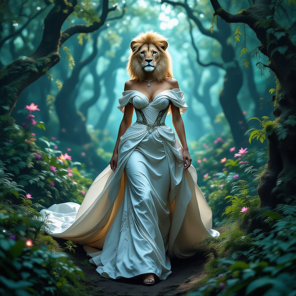 Lioness in Silk Gown in Surreal Forest