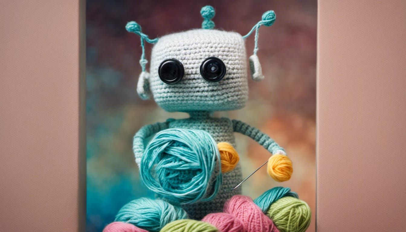 A cute crochet robot holding crochet yarn and needles