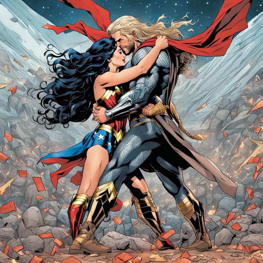 Wonder Woman and Thor Embrace