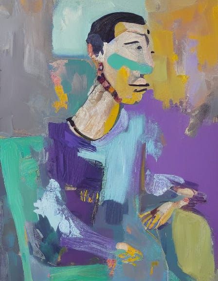 Vibrant Abstract Portrait of a Woman in Deep Gray and Turquo...