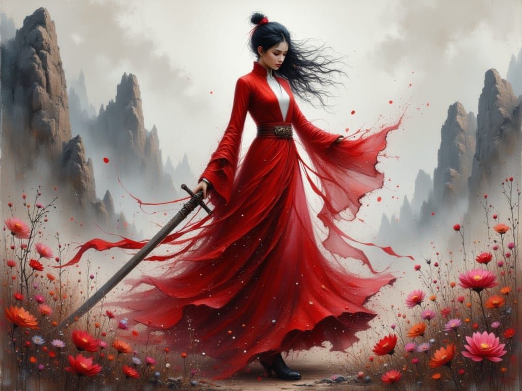 Graceful Sword Dancer Amidst Misty Mountains