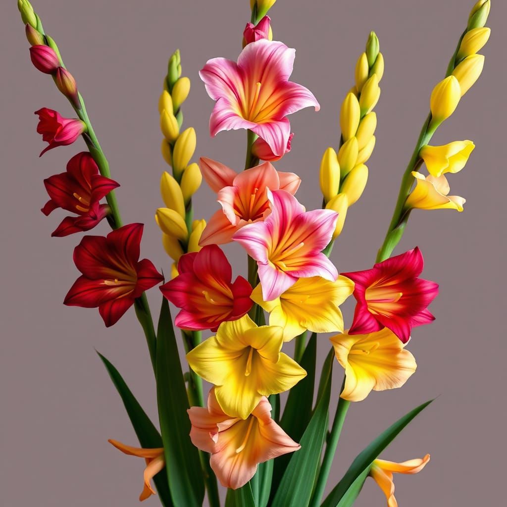 Gladiolus Flowers in Burgundy, Pink, and Yellow