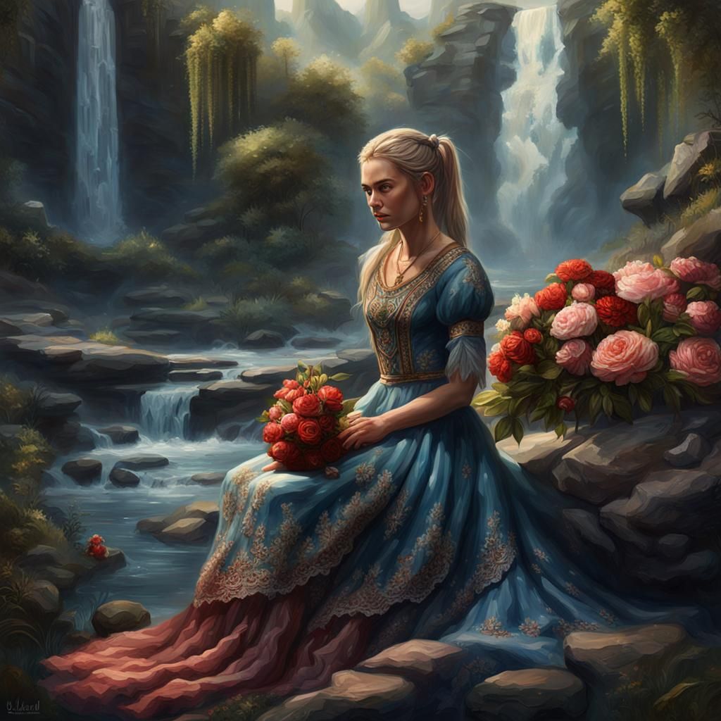 Woman in Dress by Waterfall: Detailed Matte Painting