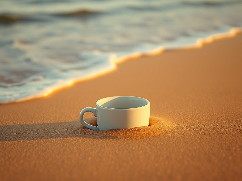 Coffee Cup and Laptop on Beach in Matte Painting Style