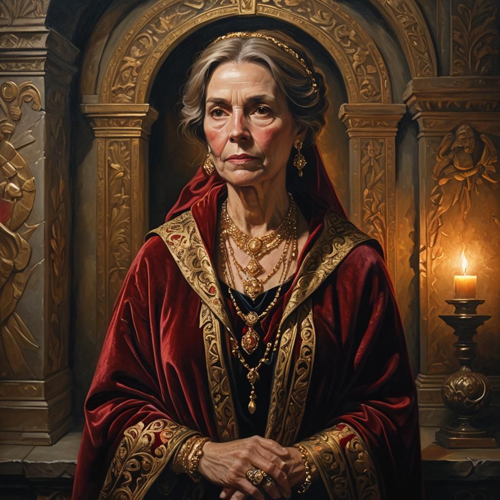 Renaissance Woman in Ornate Chamber: Oil Painting