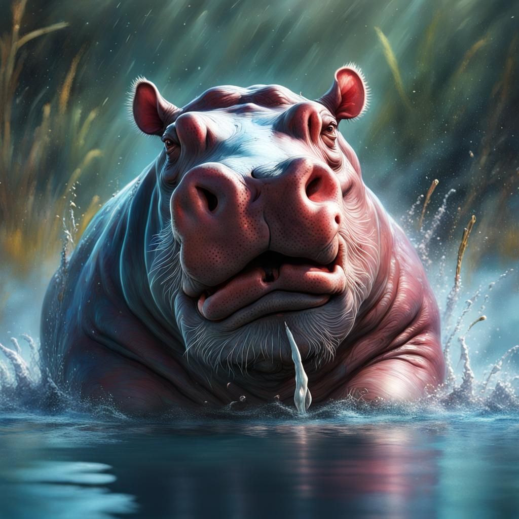 Joyful Hippo in Water: Hyperrealistic Digital Art