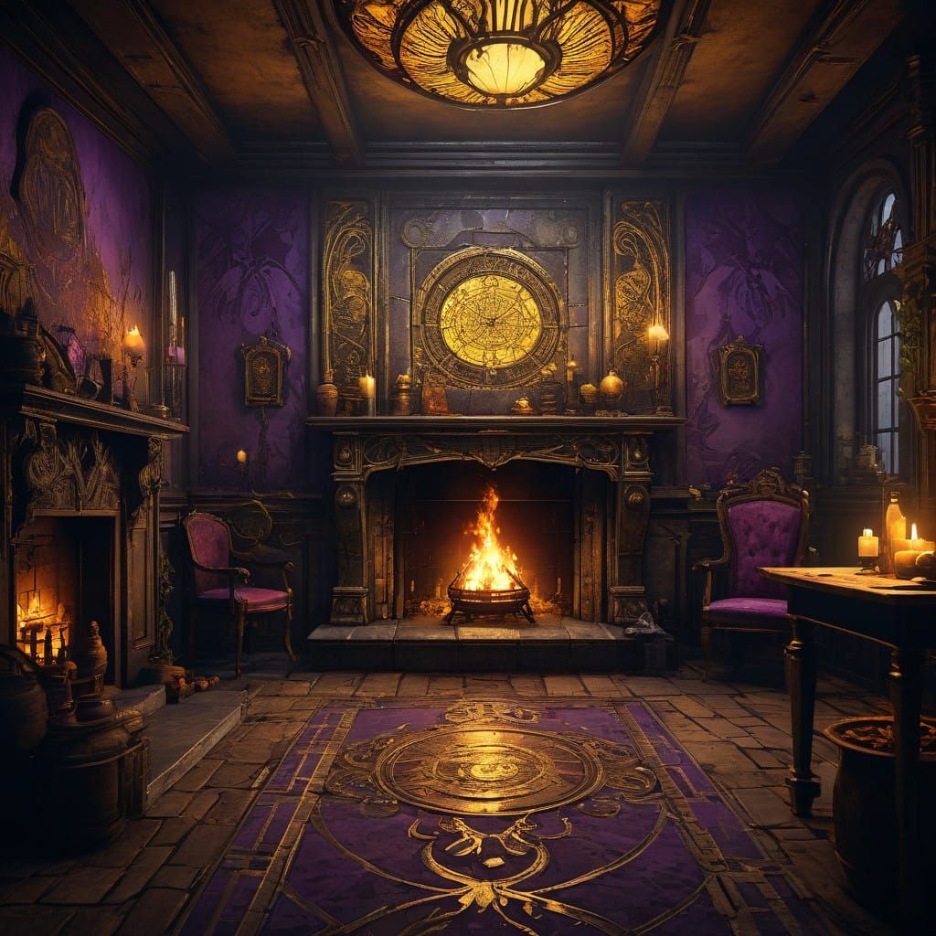 Dark Fantasy Fireplace Scene with Hypnotic Shadows