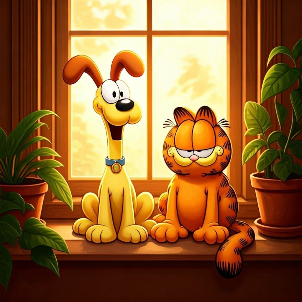 Lazy Cat and Happy Dog Sit Together in Sunny Cartoon Style