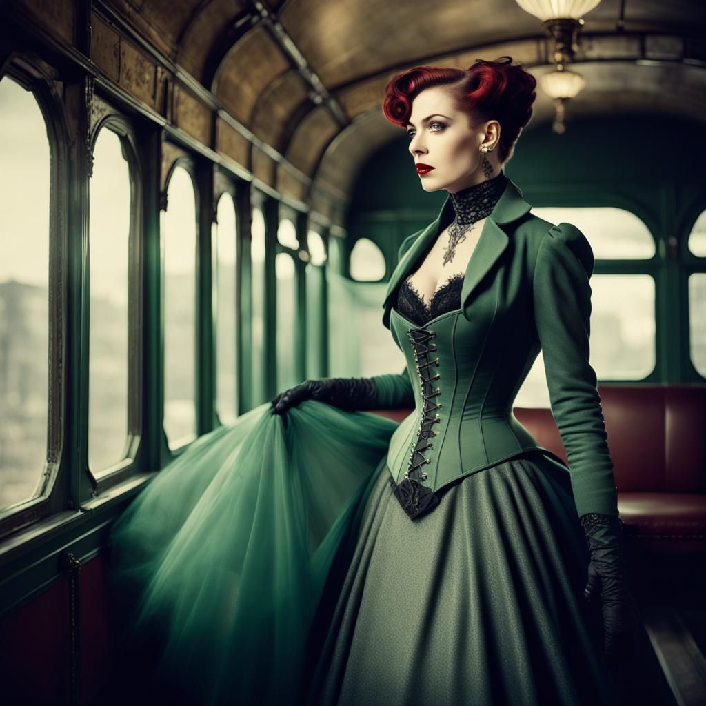 Vintage Tattooed Lady in Steampunk Train Car