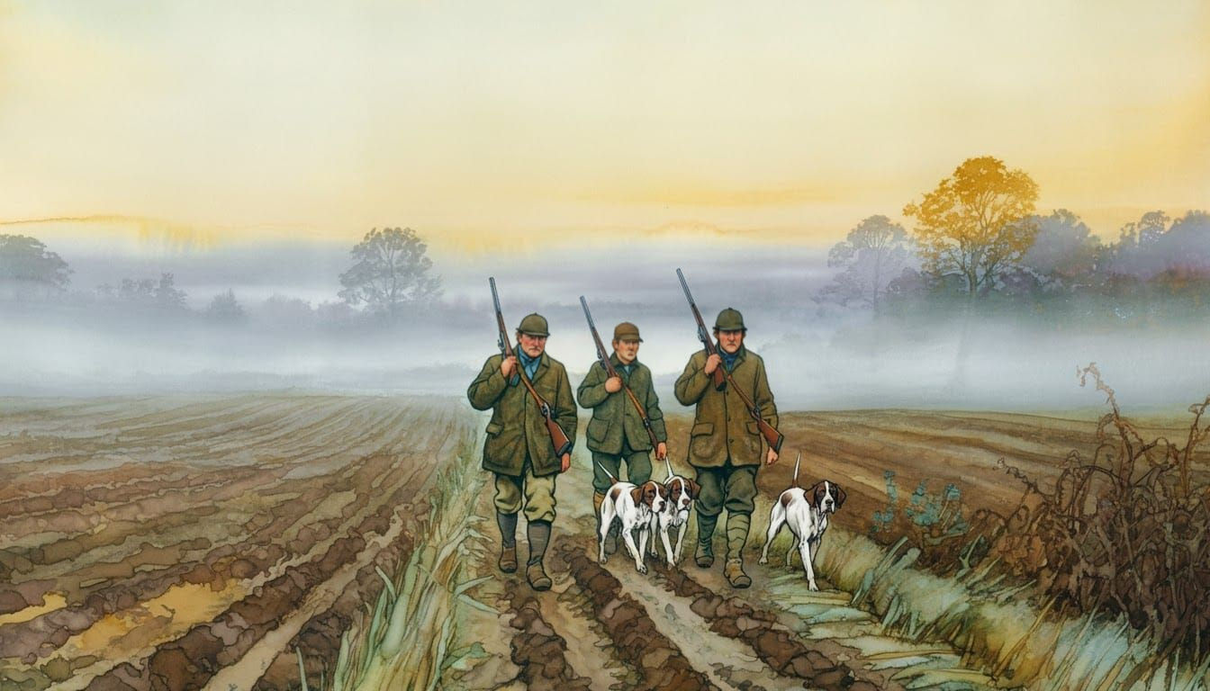 Hunters in a Foggy November Landscape