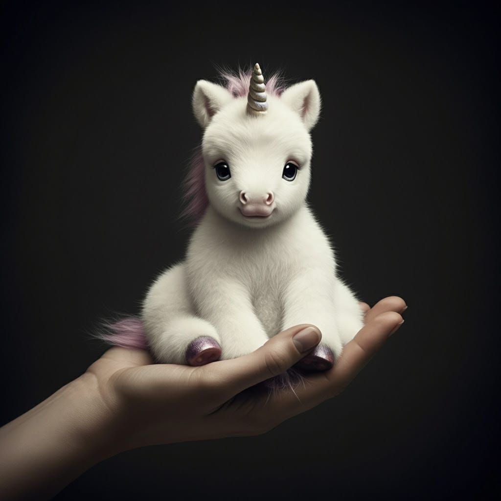 Cute, Tiny, Fluffy Unicorn Held by a Woman in a Realistic, C...