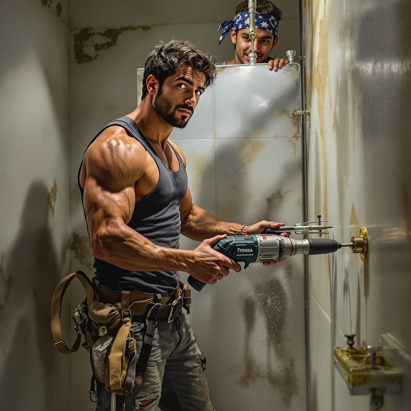 Hispanic Plumber and Apprentice in Matte Painting Style