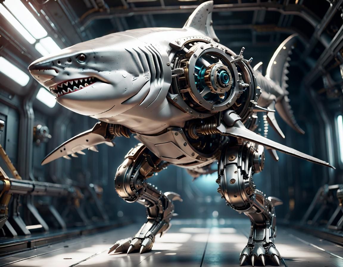 Mechanical Shark Running in Space: Futuristic Sci-Fi Art