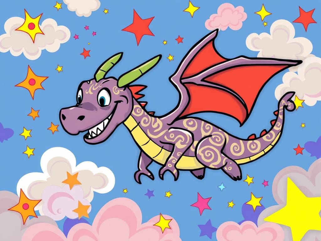 Vibrant Cartoon Dragon Soars in Whimsical Sky
