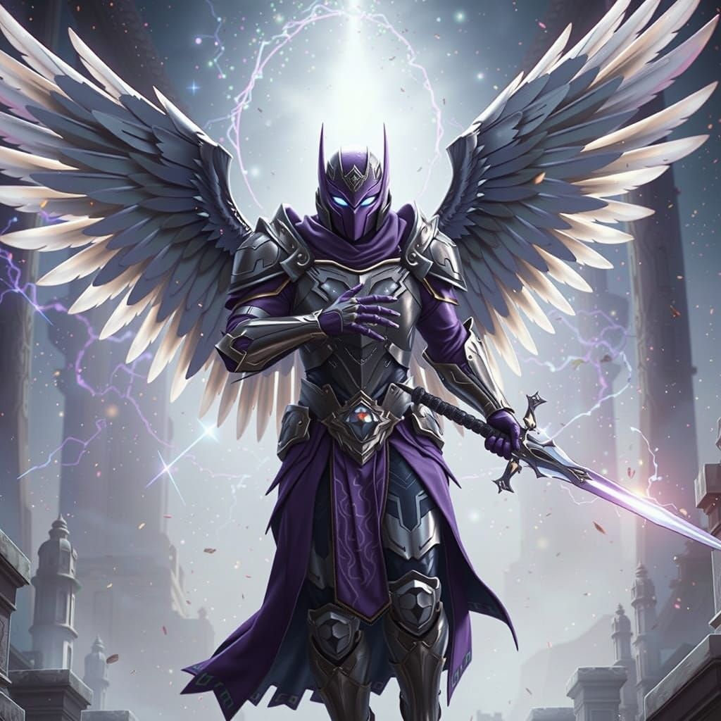 An angel wearing battle armor and carrying a plasma sword. The angel's outfit is a beautiful combination of royal purple...
