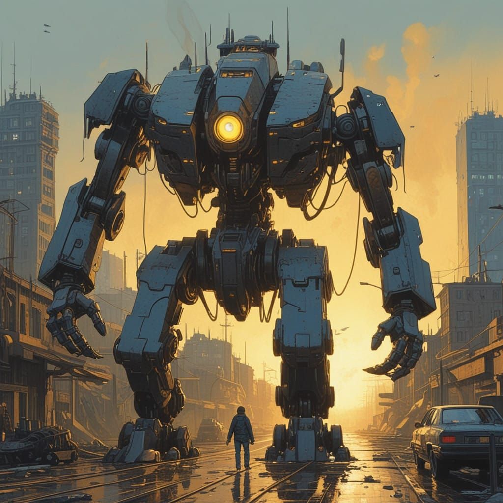 Golden Metal Giant Unleashes Chaos on Ruined Cityscape in Cy...