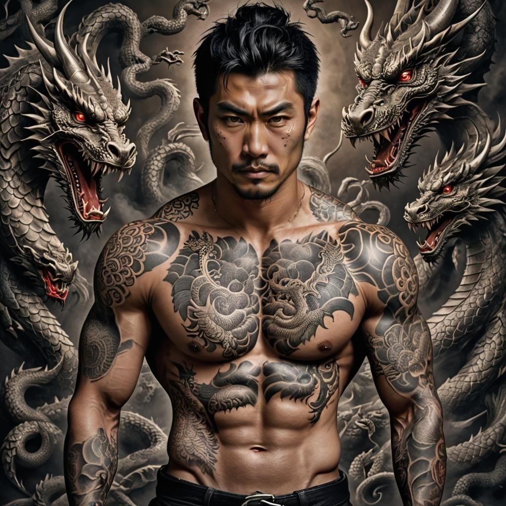 Japanese Man with Dragon Tattoo in Hyperrealistic Style