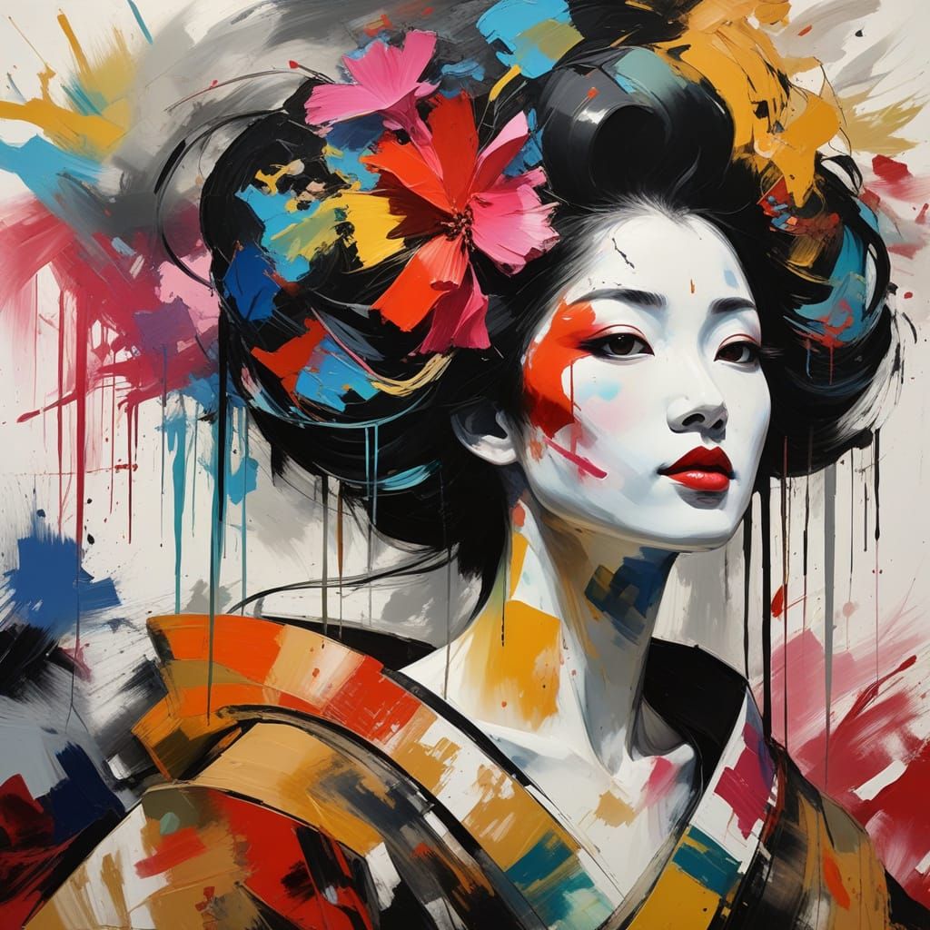 Vivid, abstract expressionist portrait of geisha, in the style of Willem de Kooning