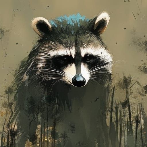 Raccoon Portrait in Creepy Forest, Textured Speedpaint