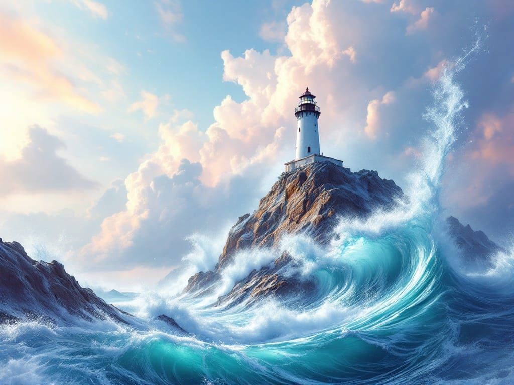 Ethereal Lighthouse Defies Ocean's Fury in Vibrant, Dreamlik...
