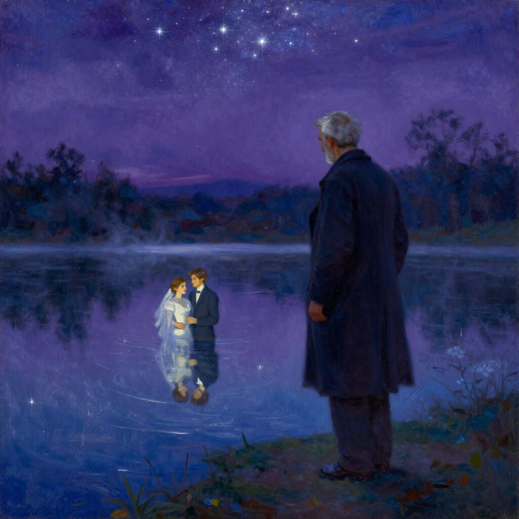 Nostalgic Oil Painting of Old Man Reflecting on Youth