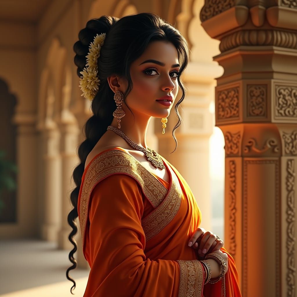 Elegant Indian Woman in Silk Saree, Raja Ravi Varma Style