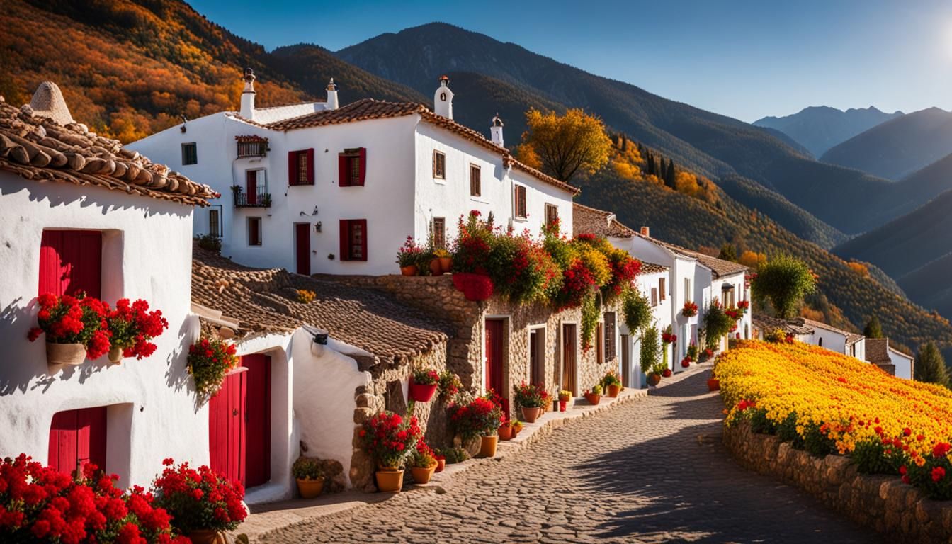 Charming Spanish Village Cafe in Autumn Landscape