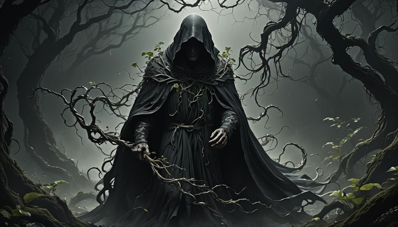 A hauntingly beautiful 8k dark fantasy. The image depicts a ...
