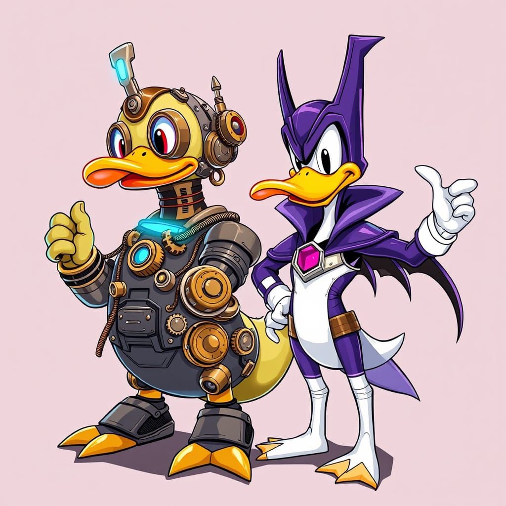 Steampunk Cyborg Rubber Duck with Darkwing Duck in High-Tech...