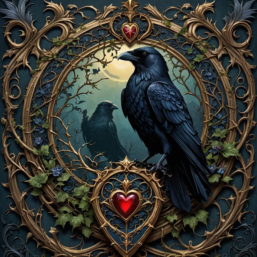 Gothic Raven Crest with Heart and Nevermores
