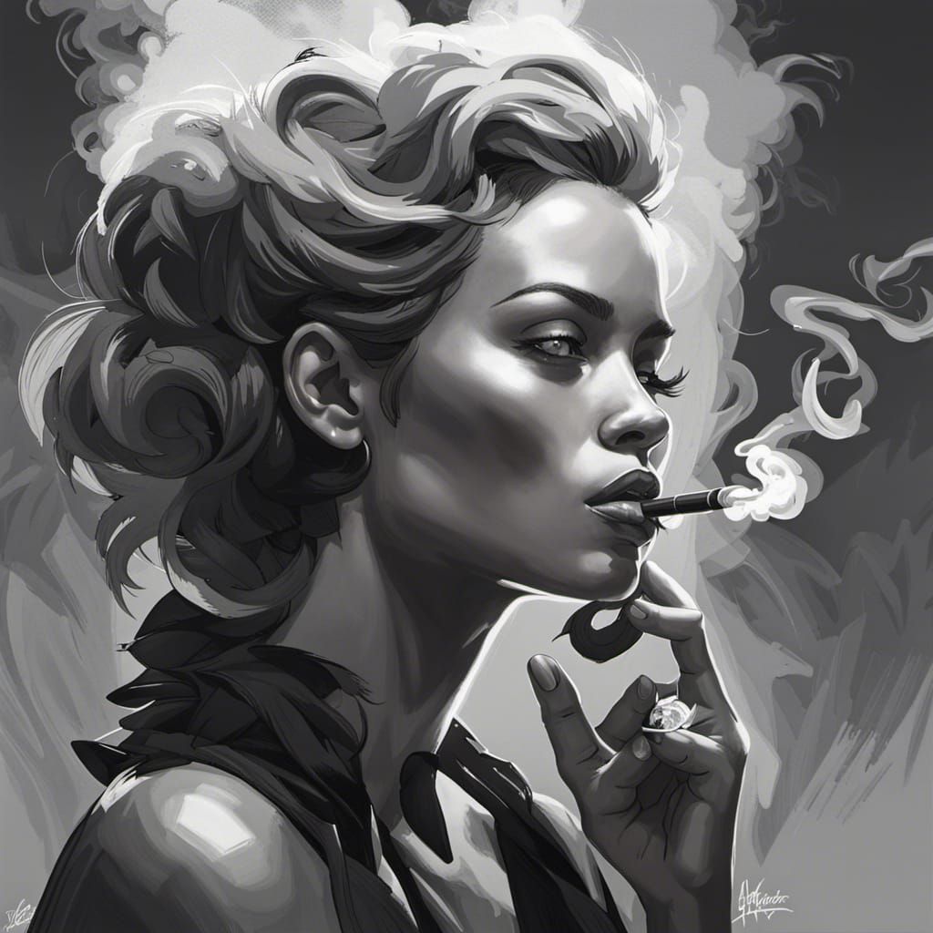 Woman Smoking Cigar: Black and White Portrait