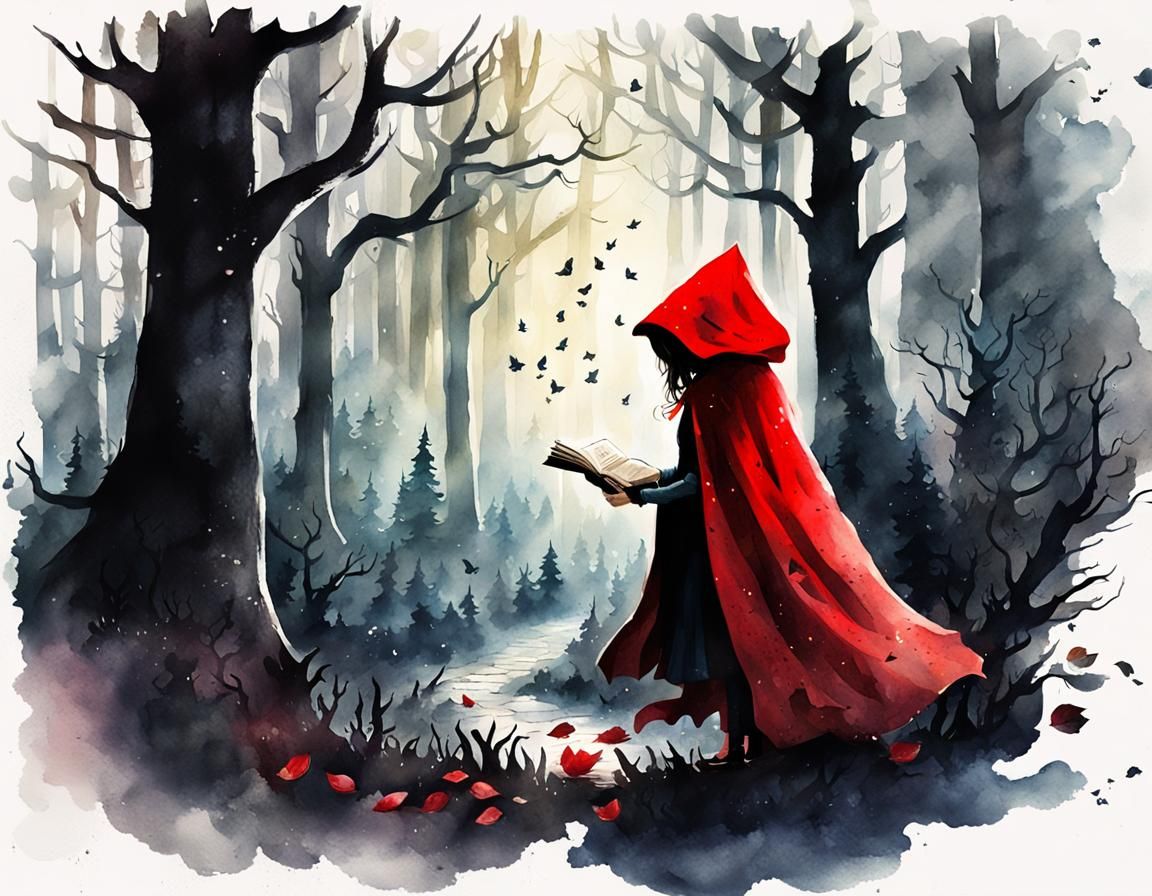 Little Red Riding Hood in Dark Watercolor Art