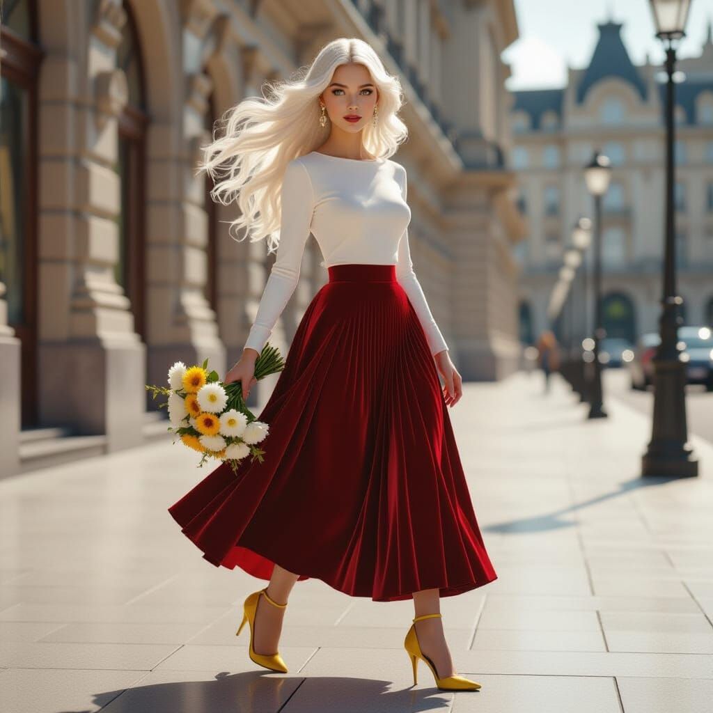 Beautiful Girl in Red Velvet Skirt with Flowers