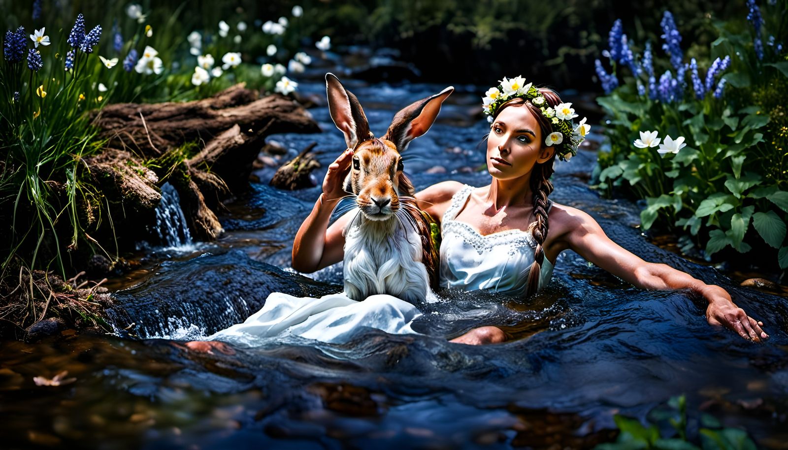 Elven Maid Bathing in Enchanted Springtime Wood