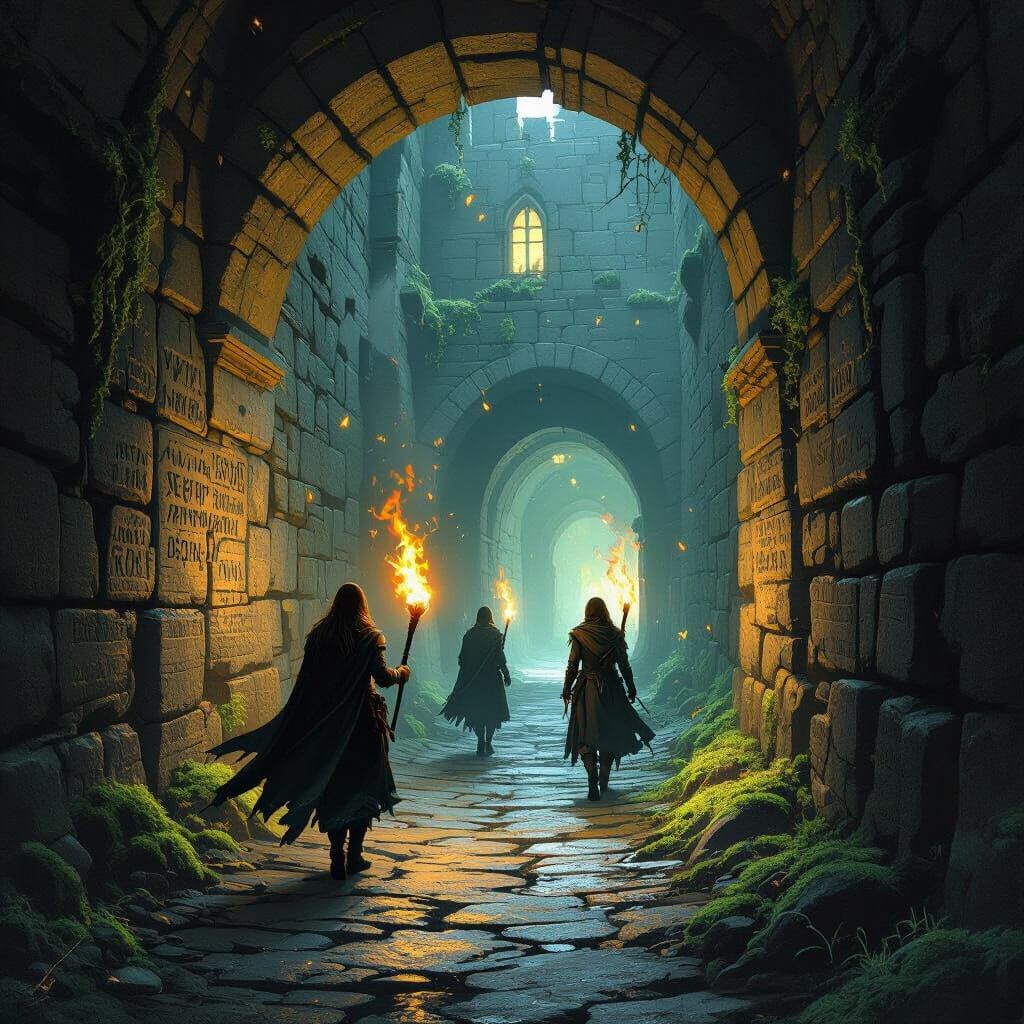 Ancient Fortress Corridor with Torches in Dark Fantasy Style
