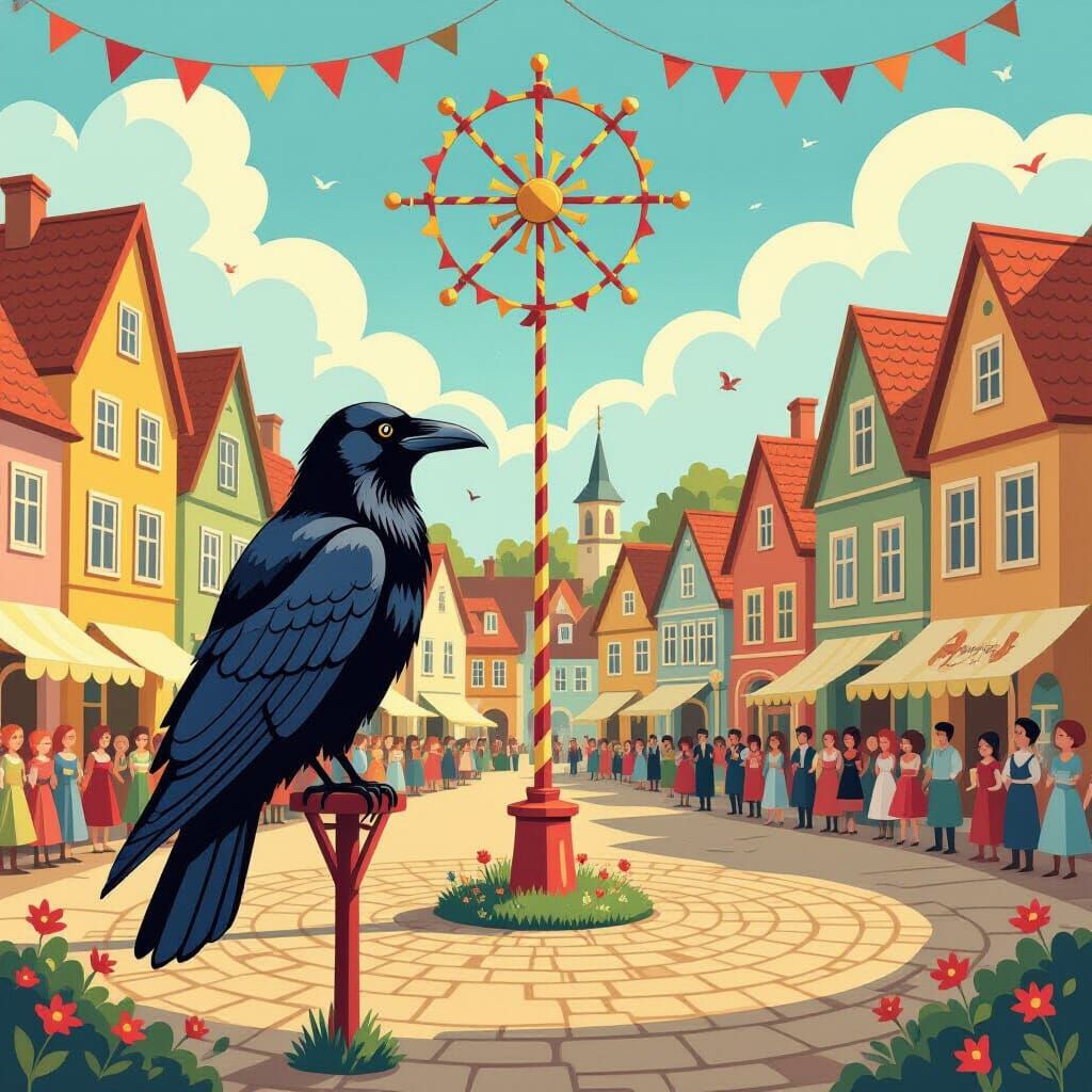 Naïve Folk Art Raven Observing Festivities