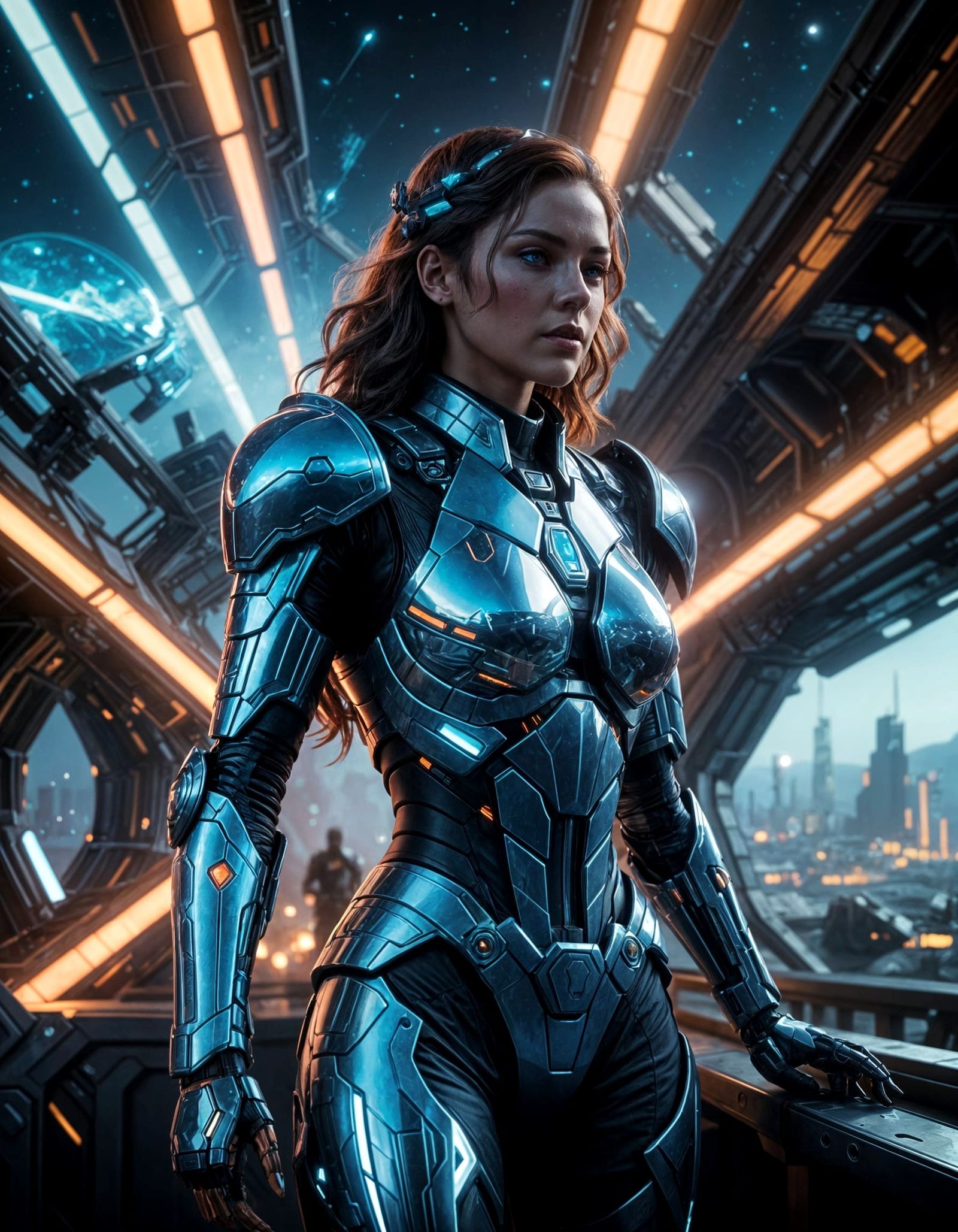 Cyborg Warrior Stands on a Bridge Overlooking a Nebula in Ro...