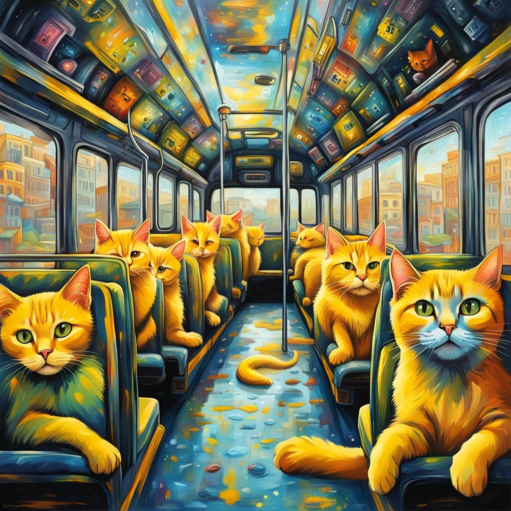 Yellow Space Bus Overflowing with Yellow Cats