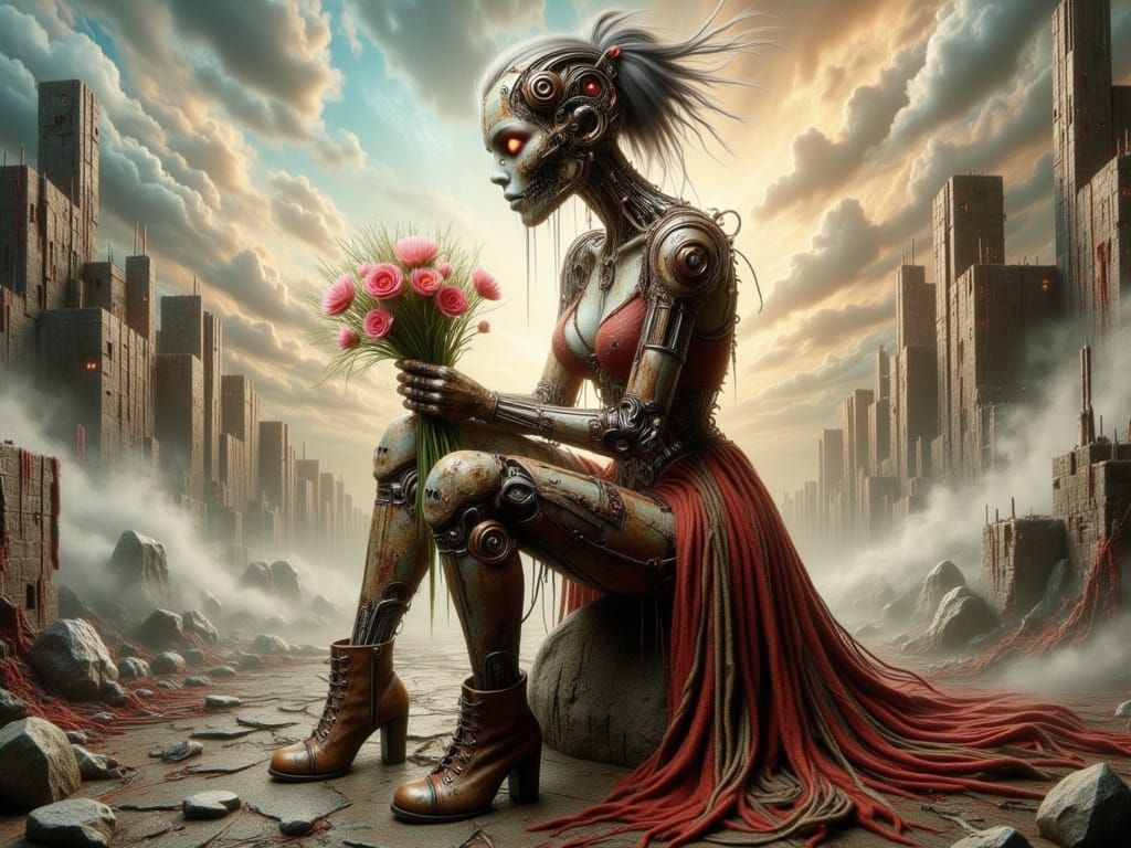 CyberGothic Female Robot in Grief, Mixed Media Collage with ...