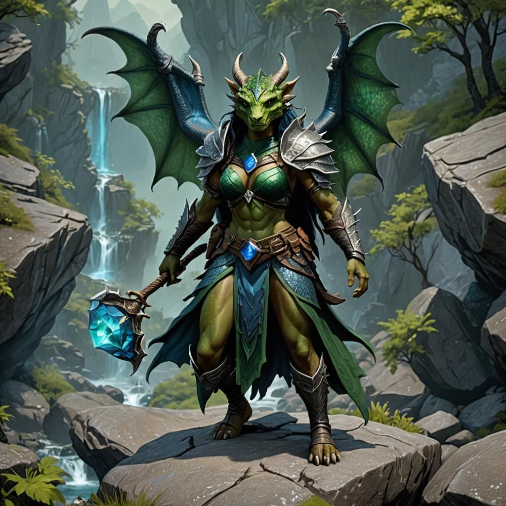 Detailed Dragonborn Female with Green Scales and Wings