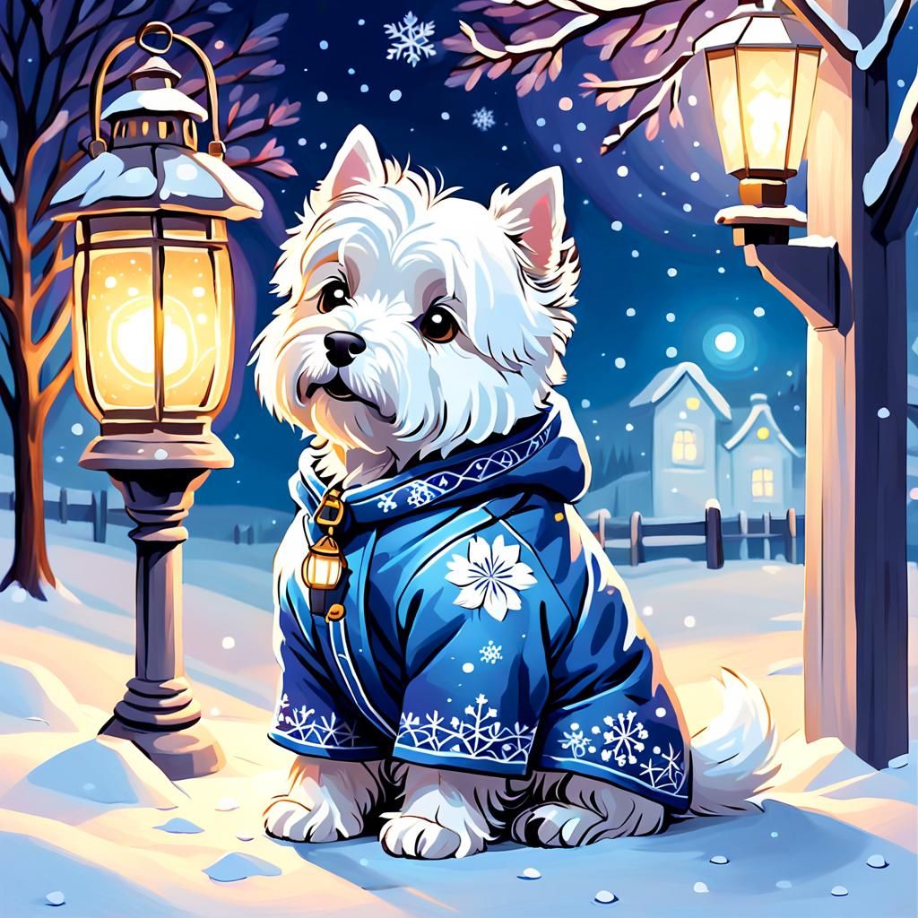 Westie in Snow at Night as Oil Painting