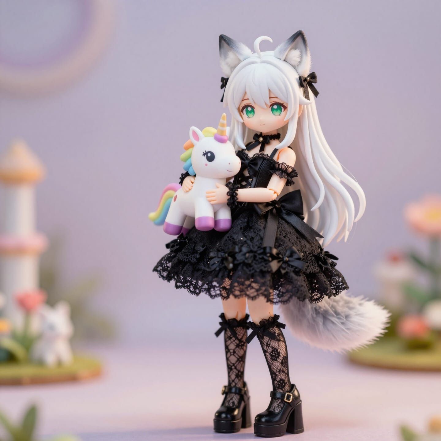 Kawaii Woman with Wolf Ears and Gothic Dress Holding Unicorn...