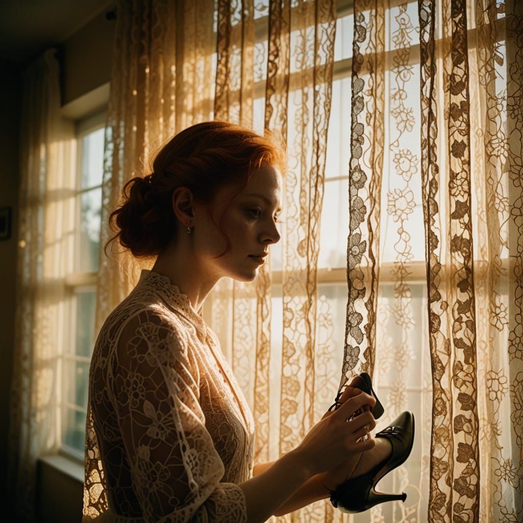 Surreal Woman in Lace Curtain