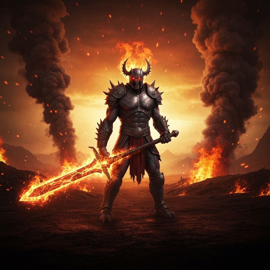 Fire Giant Battles Monster in Apocalyptic Landscape