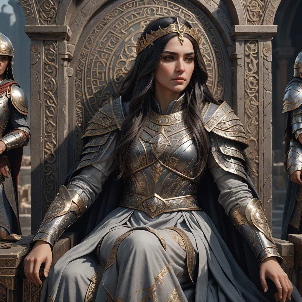 Wise Woman on Throne in Greek Battle Armor